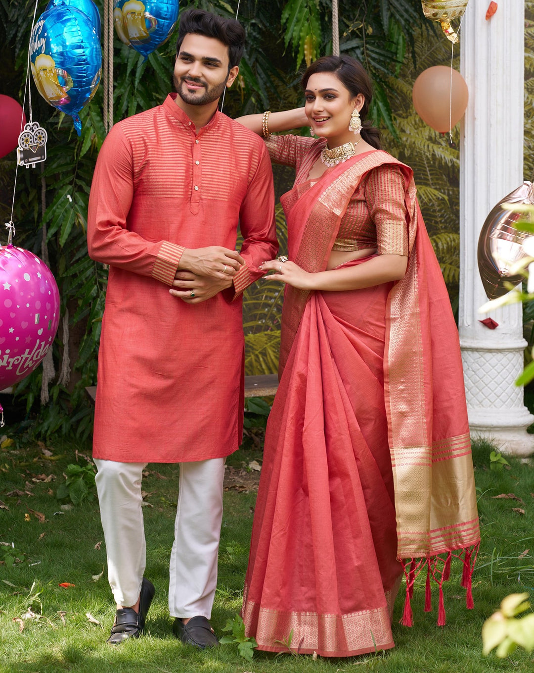 Peach Color Couple Dress Assam Silk Jari Border Saree and Kurta