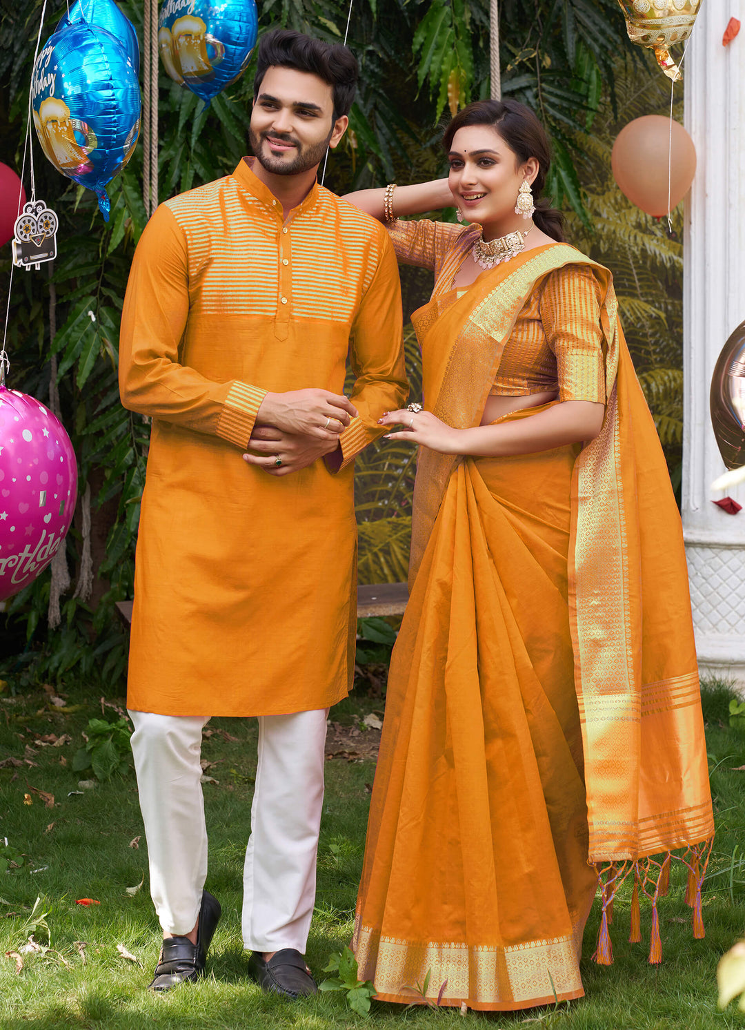 Princy Haldi Yellow Couple Dress Silk Saree & Kurta