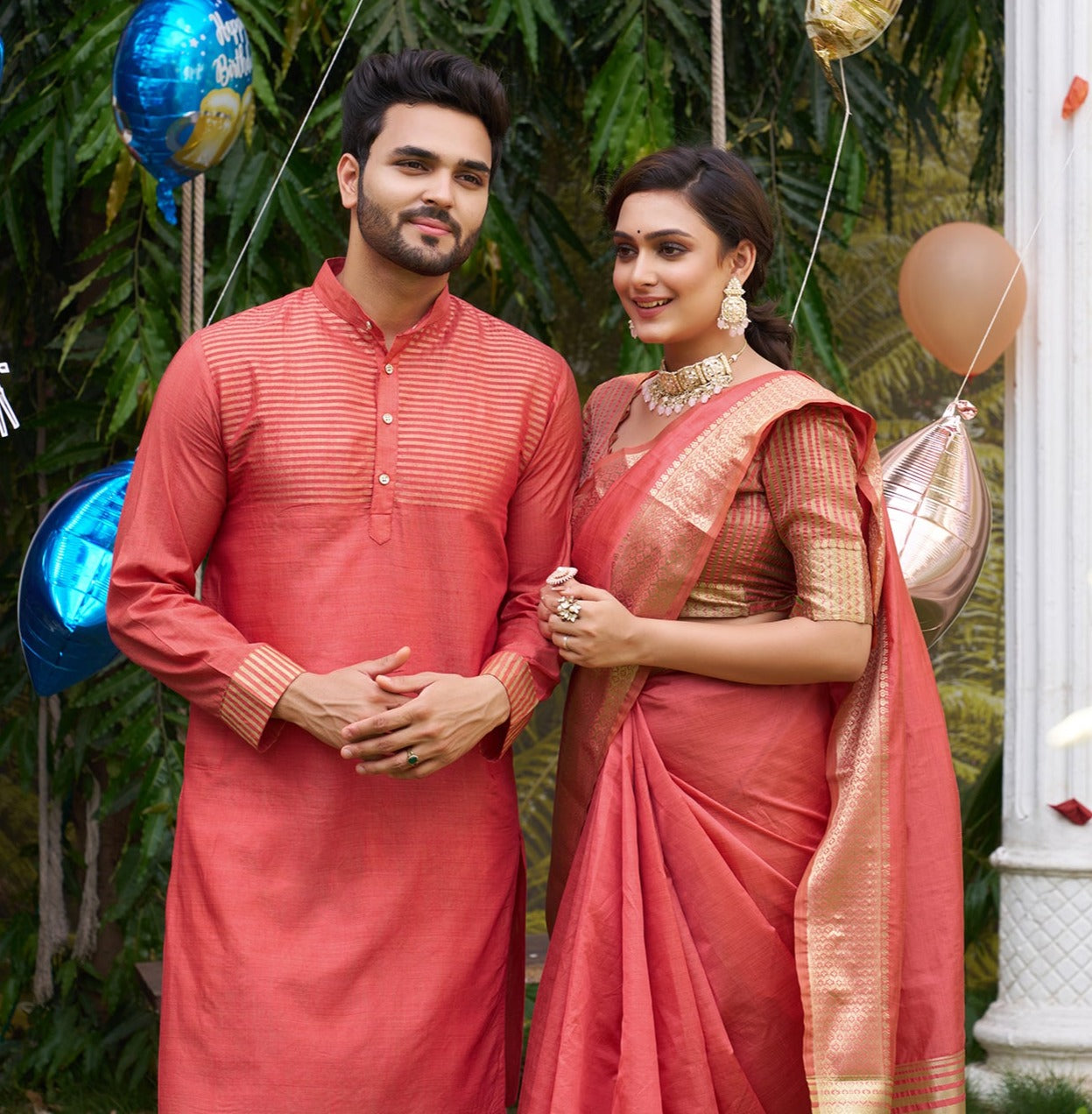 Princy Peach Couple Dress Silk Saree & Kurta