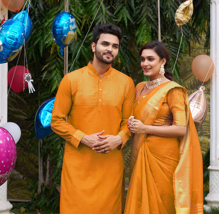 Princy Haldi Yellow Couple Dress Silk Saree & Kurta