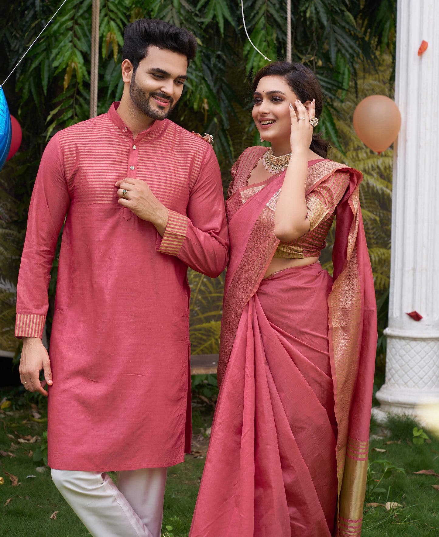 Princy Pink Couple Dress Silk Saree & Kurta
