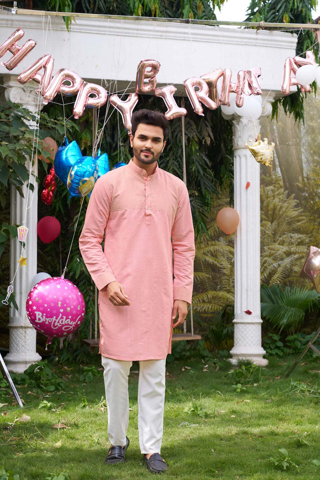 Elegant Men Silk Pink Kurta with Pajama