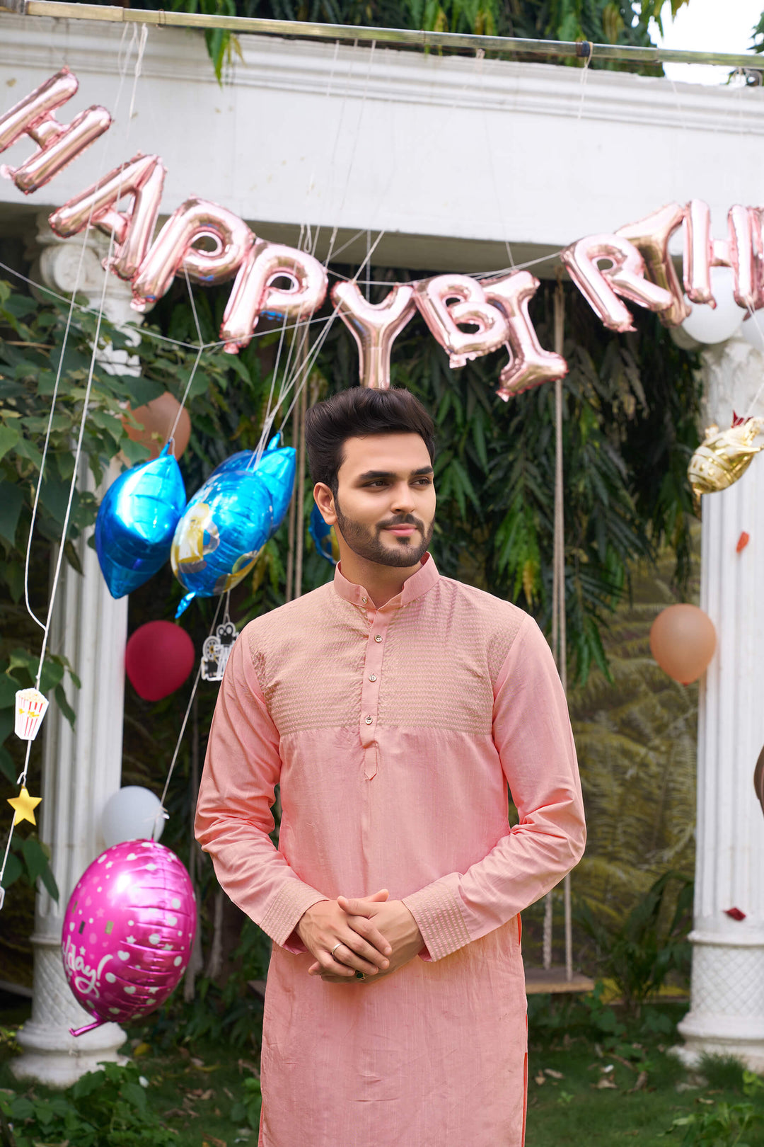 Elegant Men Silk Pink Kurta with Pajama