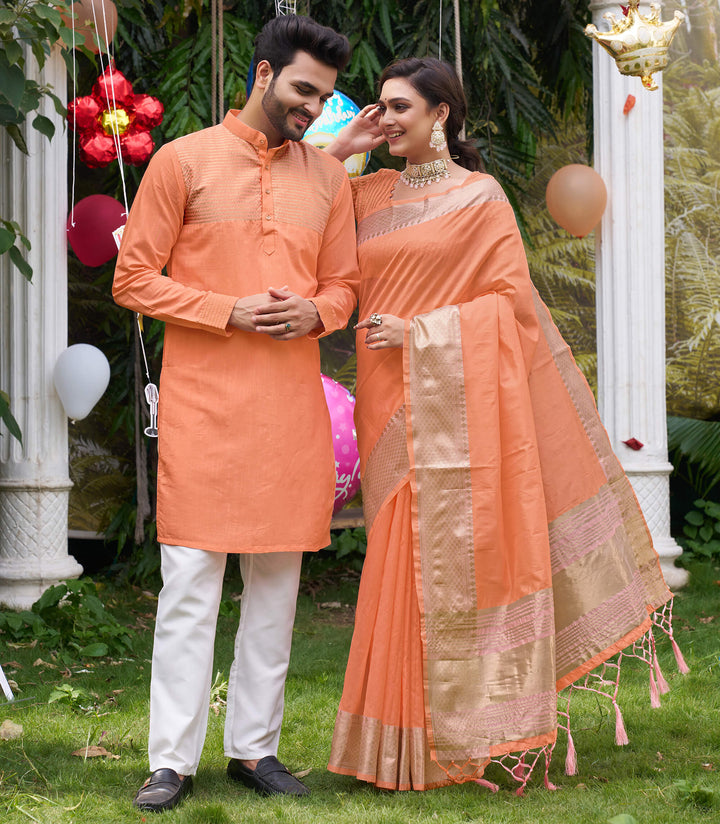 Kiara Peach Couple Dress Silk Saree & Kurta