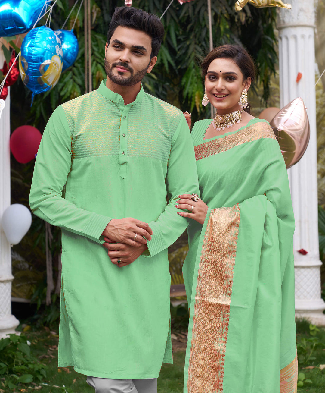 Kiara Pista Couple Dress Silk Saree & Kurta