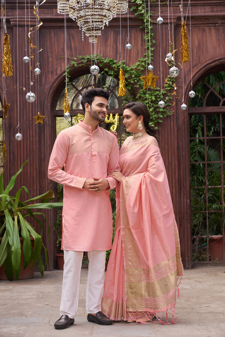 Kiara Pink Couple Dress Silk Saree & Kurta