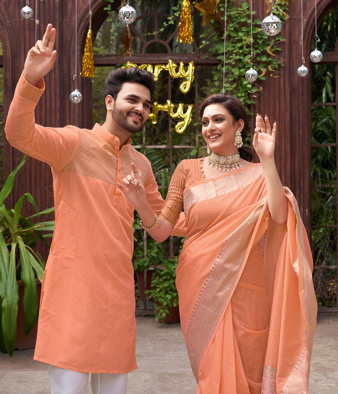 Kiara Peach Couple Dress Silk Saree & Kurta