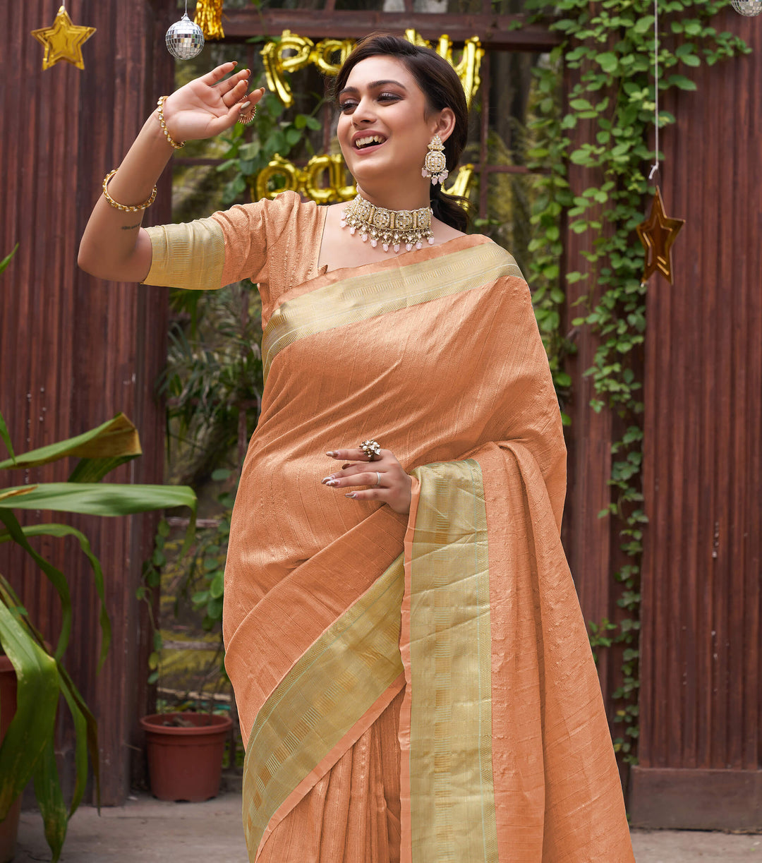 Bansri Gold Peach Couple Set Saree and Kurta