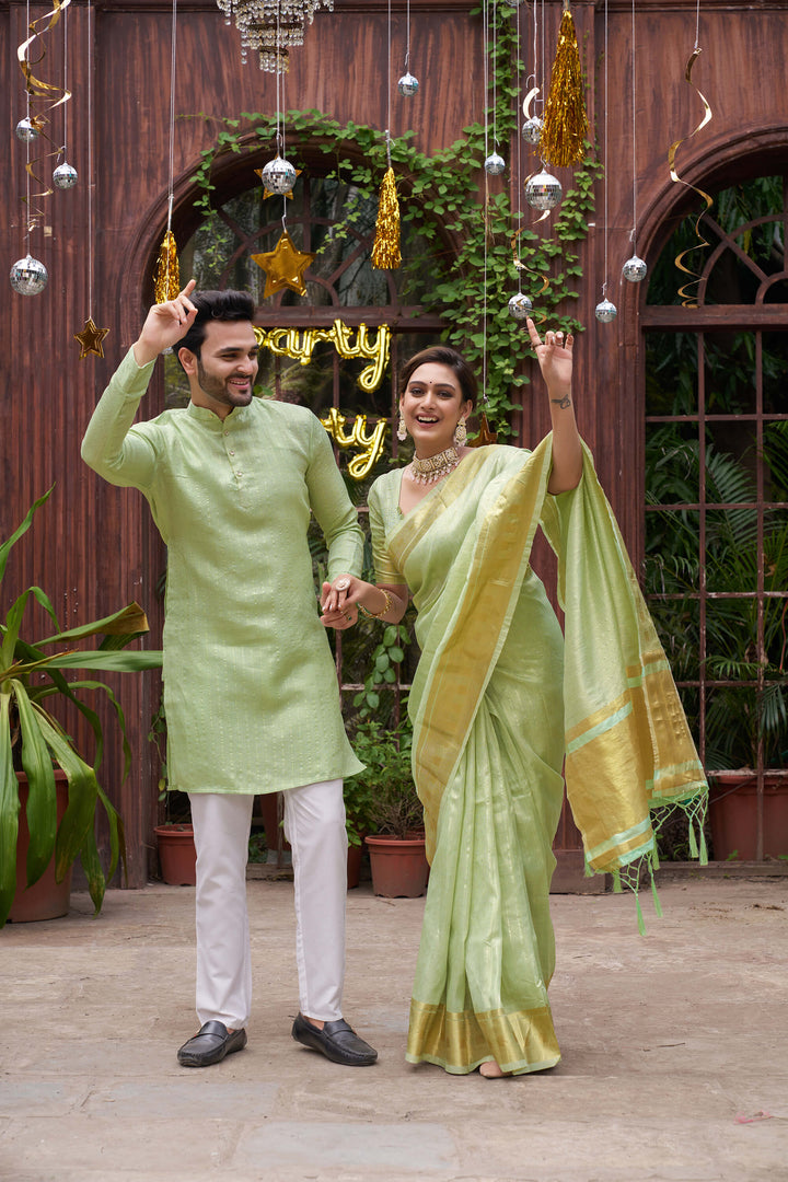 Bansri Gold Pista Couple Set Saree and Kurta