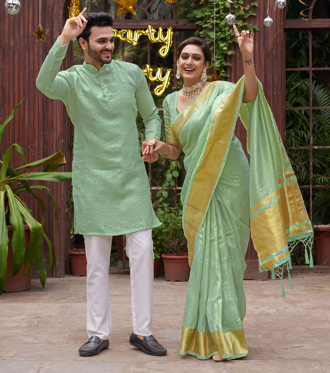 Bansri Gold Teal Couple Set Saree and Kurta
