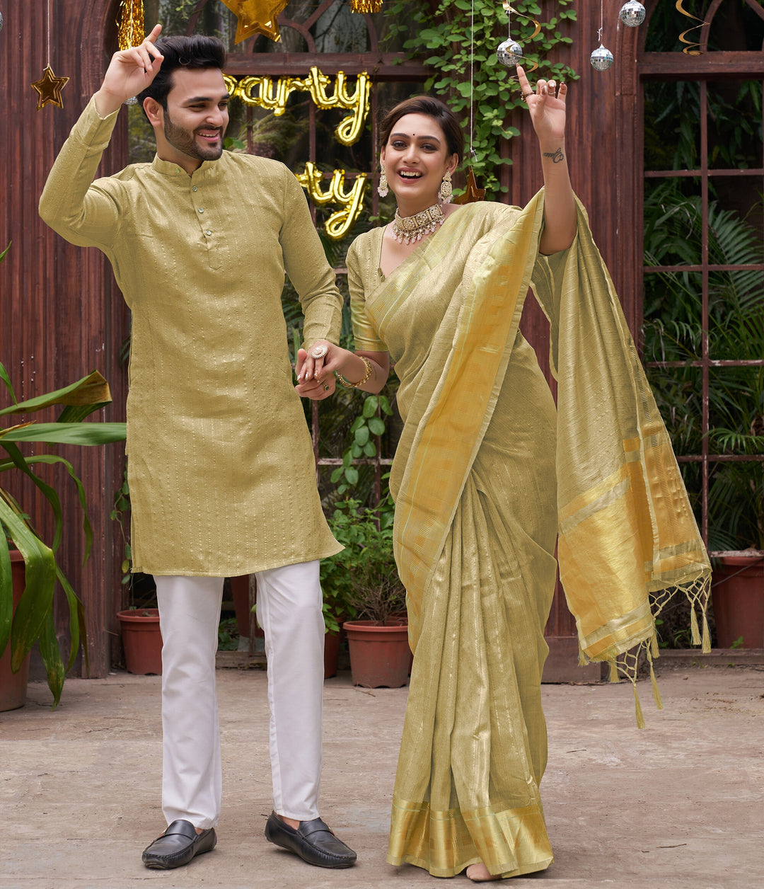 Bansri Gold Lemon Yellow Couple Set Saree and Kurta