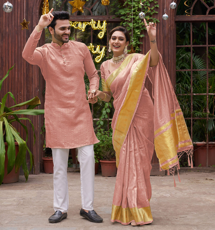 Bansri Gold Pink Couple Set Saree and Kurta
