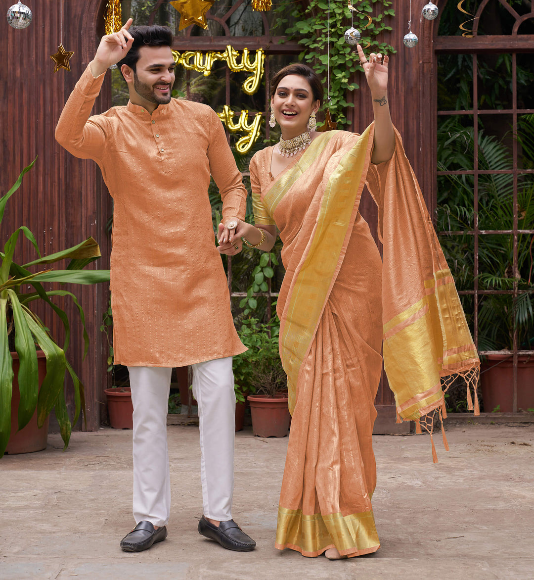 Bansri Gold Peach Couple Set Saree and Kurta