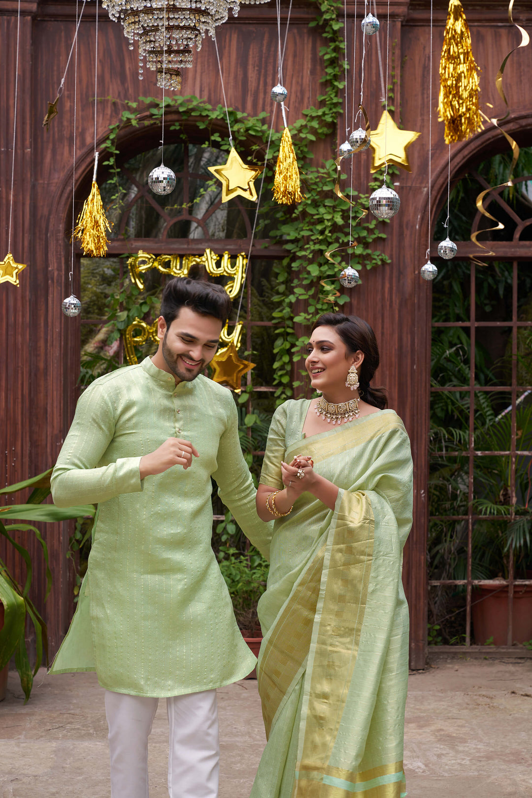 Bansri Gold Pista Couple Set Saree and Kurta