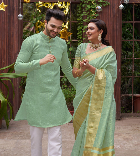 Bansri Gold Teal Couple Set Saree and Kurta