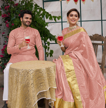 Bansri Gold Pink Couple Set Saree and Kurta