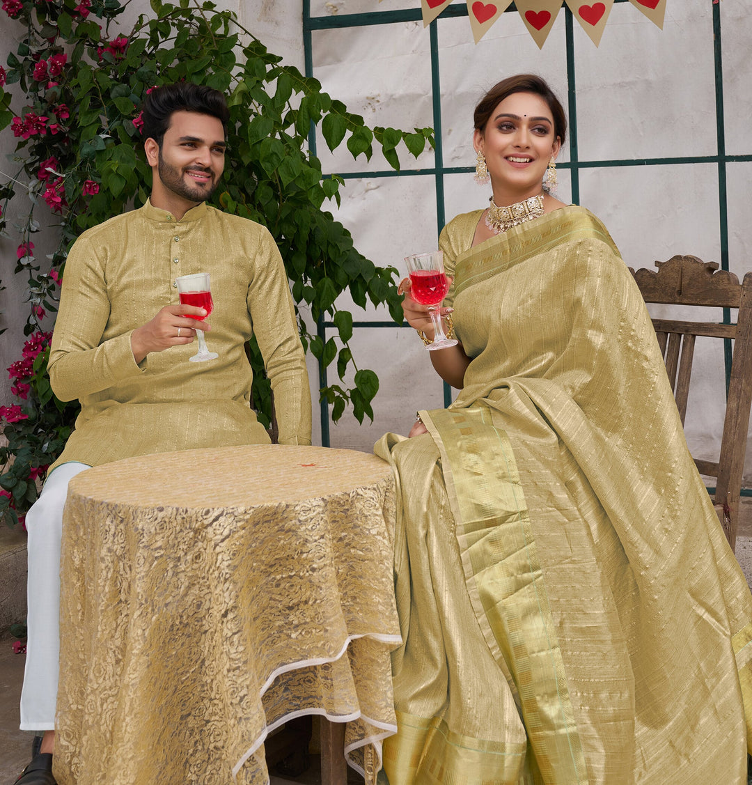 Bansri Gold Lemon Yellow Couple Set Saree and Kurta