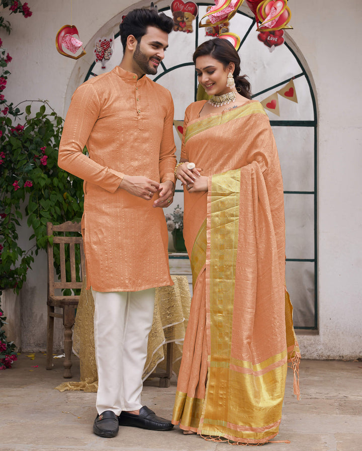 Bansri Gold Peach Couple Set Saree and Kurta