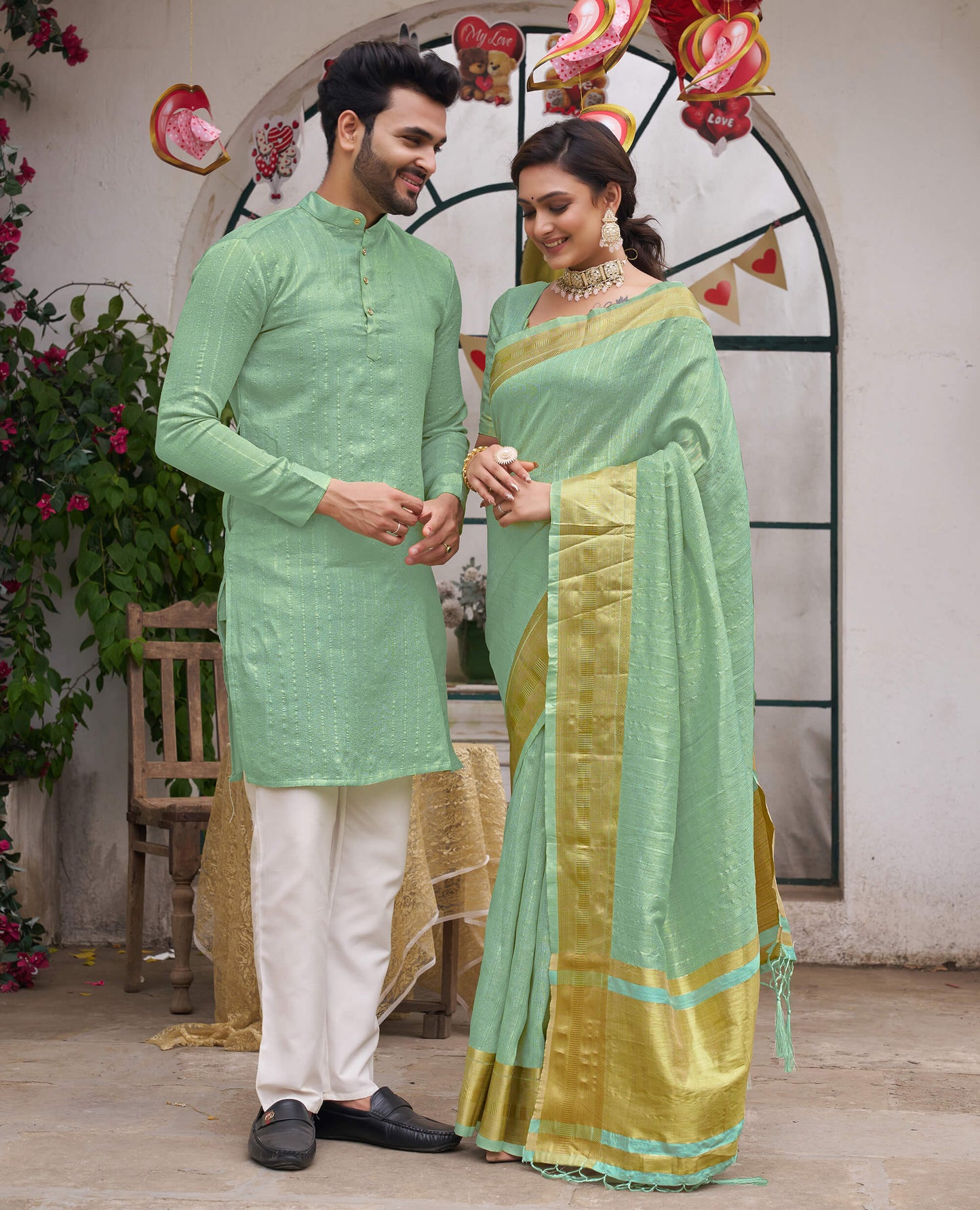Bansri Gold Teal Couple Set Saree and Kurta