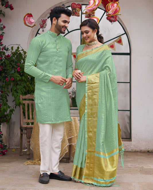 Bansri Gold Teal Couple Set Saree and Kurta