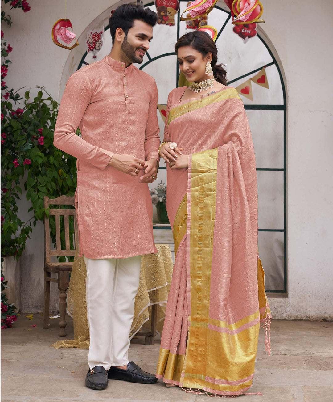 Bansri Gold Pink Couple Set Saree and Kurta