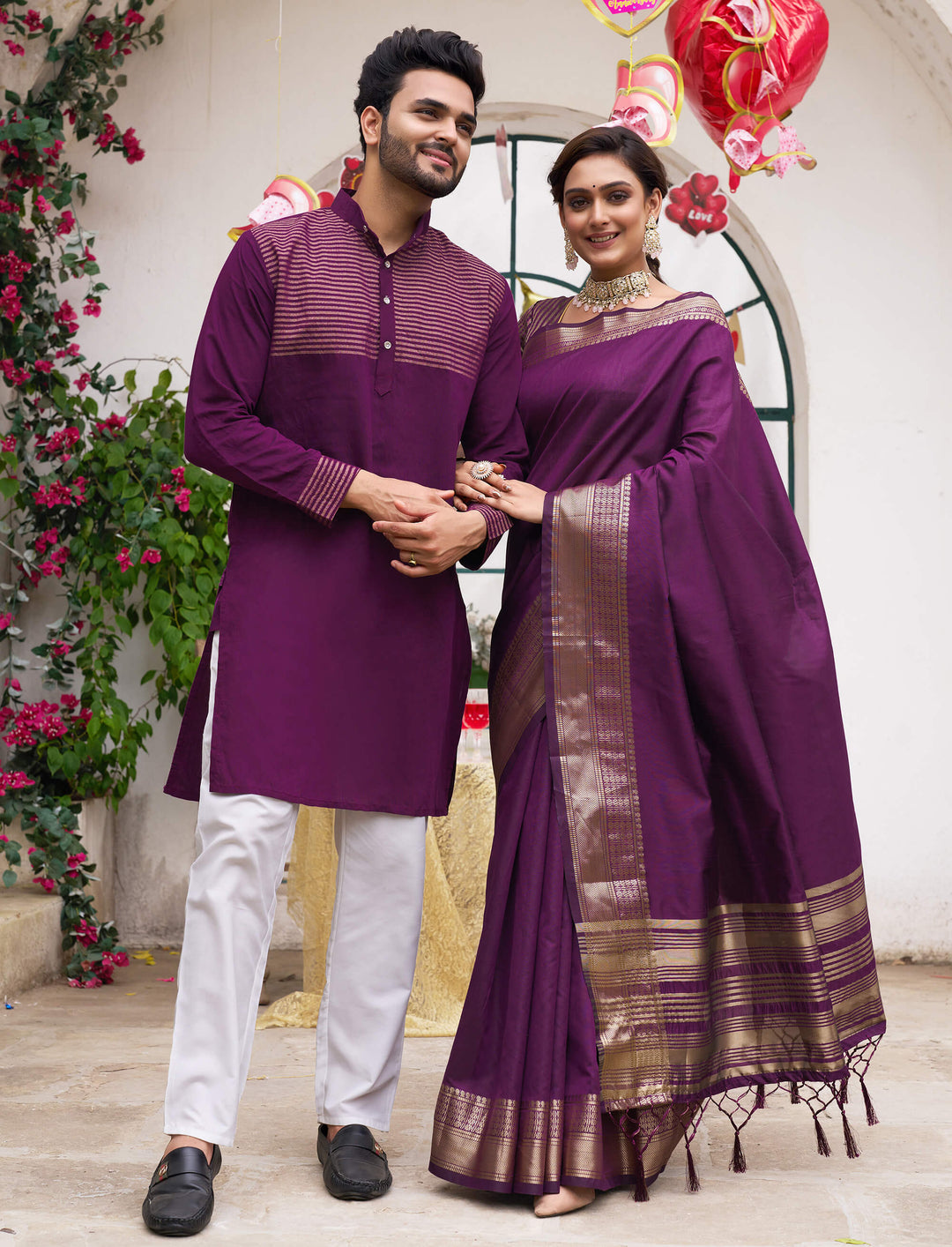 Wine Color Couple Dress Jari Silk Saree and Kurta Pyjama