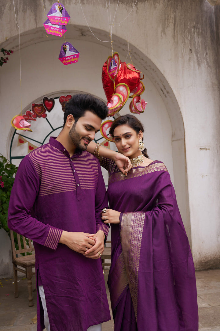 Merlin Wine Couple set Matching Dress Silk Saree and Kurta