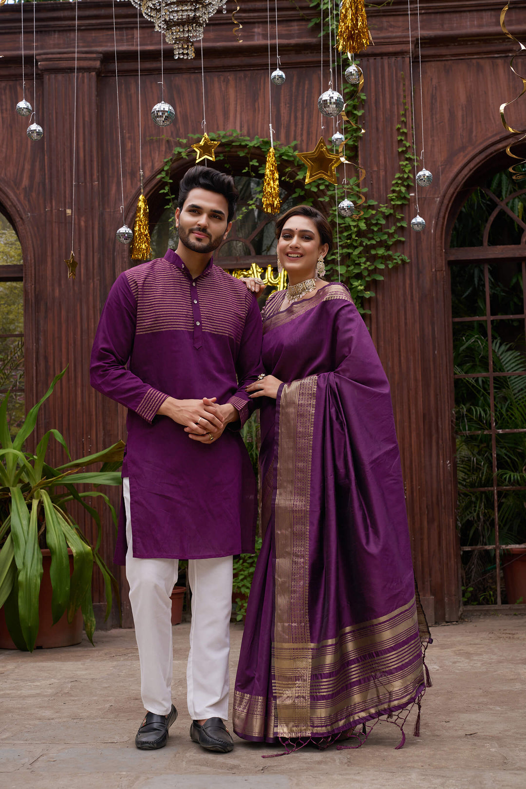 Wine Color Couple Dress Jari Silk Saree and Kurta Pyjama