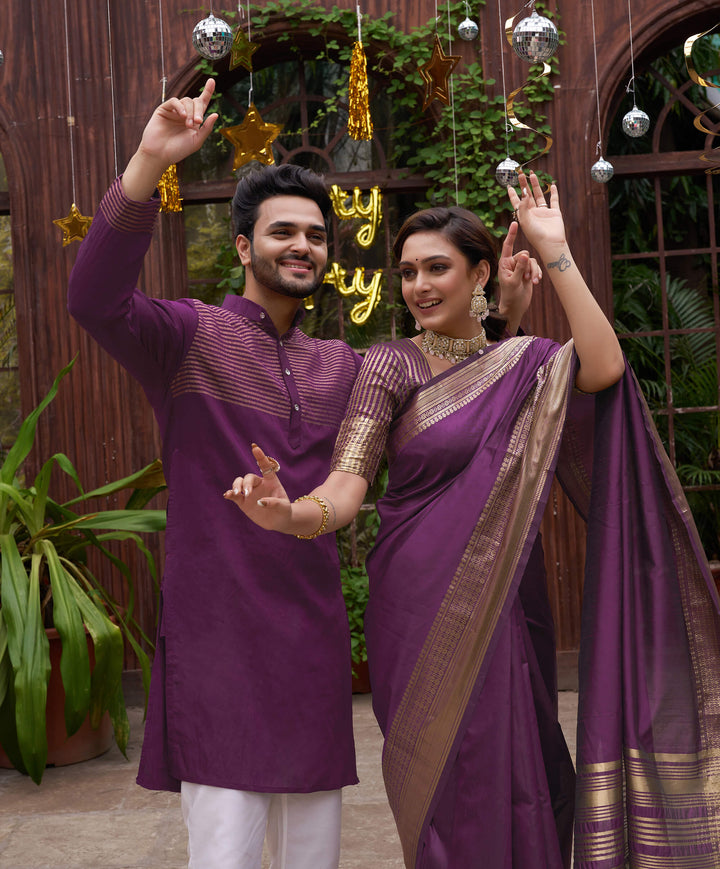 Merlin Wine Couple set Matching Dress Silk Saree and Kurta