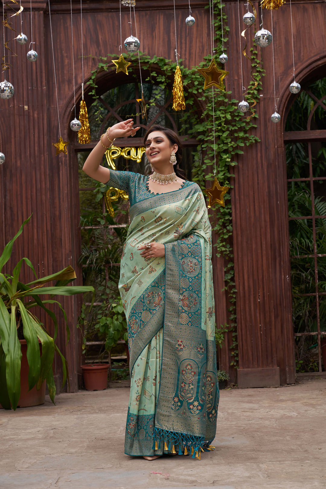 Richie Rich Pista Couple Matching Dress Kanjivaram Silk Saree and Kurta pyjama with Nehru Jacket