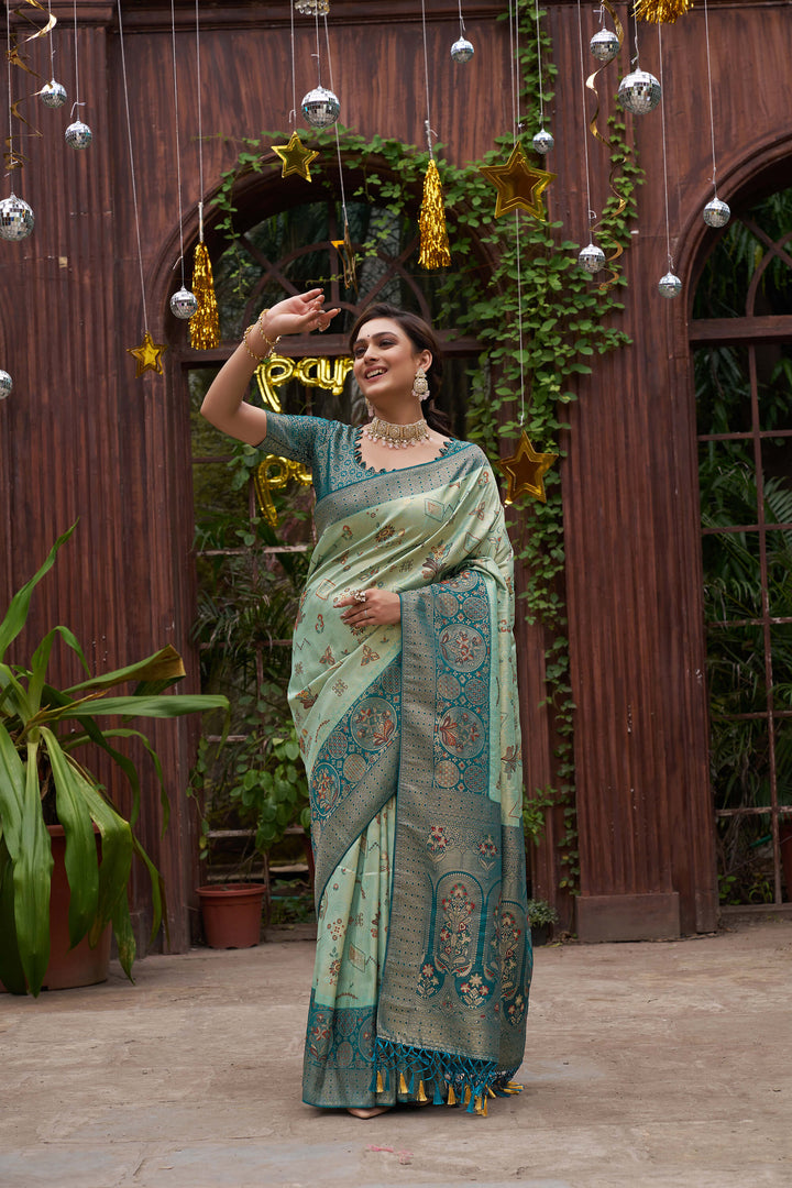 Richie Rich Pista Couple Matching Dress Kanjivaram Silk Saree and Kurta pyjama with Nehru Jacket