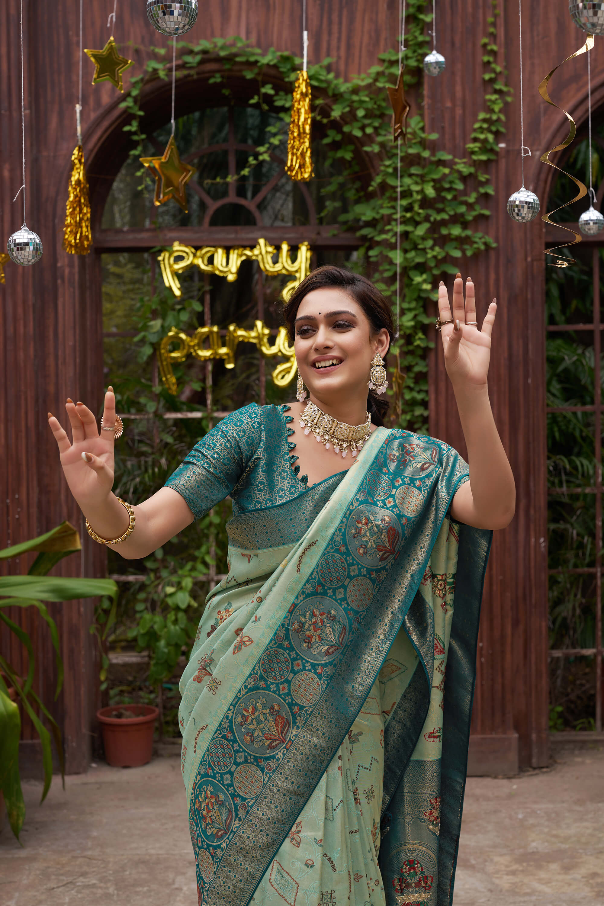 Richie Rich Gold Pista Couple Matching Dress Kanjivaram Silk Saree and Kurta pyjama with Nehru Jacket