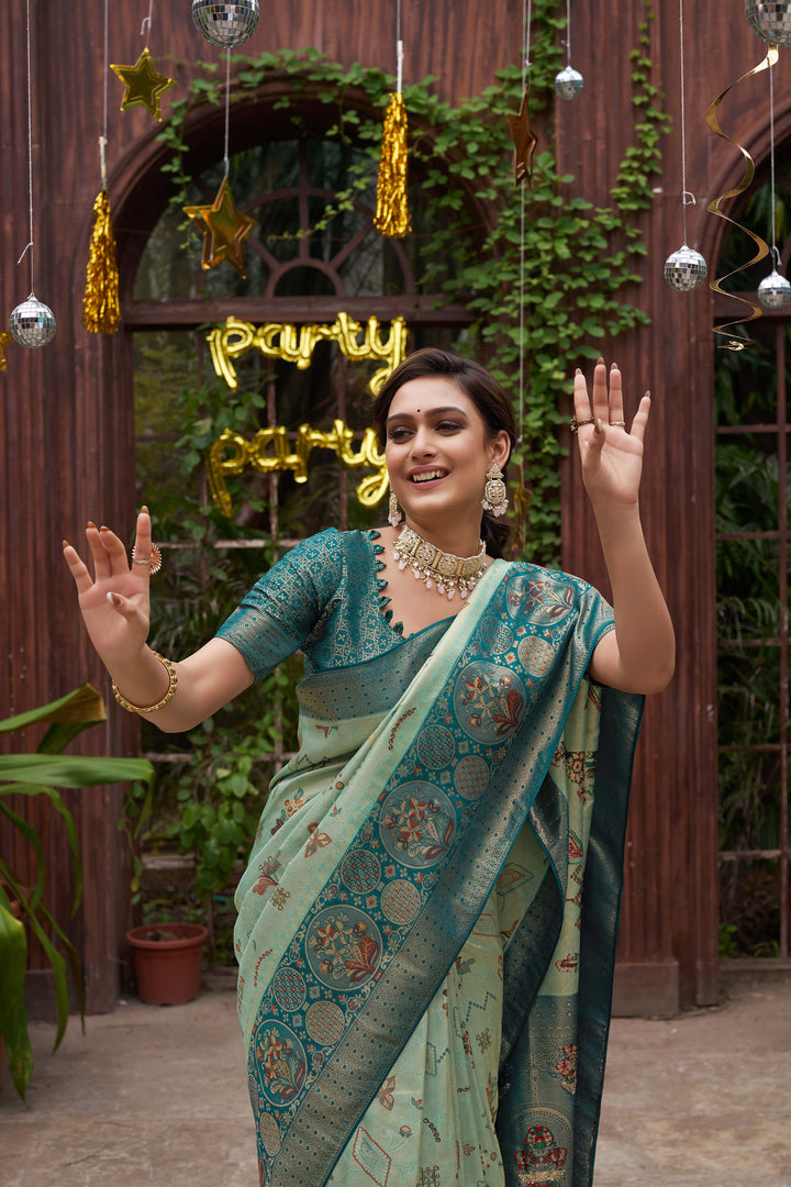 Richie Rich Pista Couple Matching Dress Kanjivaram Silk Saree and Kurta pyjama with Nehru Jacket