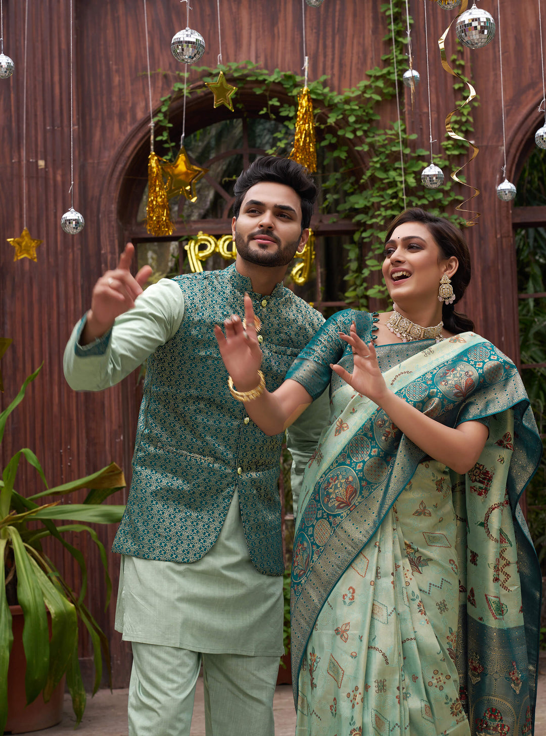 Richie Rich Pista Couple Matching Dress Kanjivaram Silk Saree and Kurta pyjama with Nehru Jacket