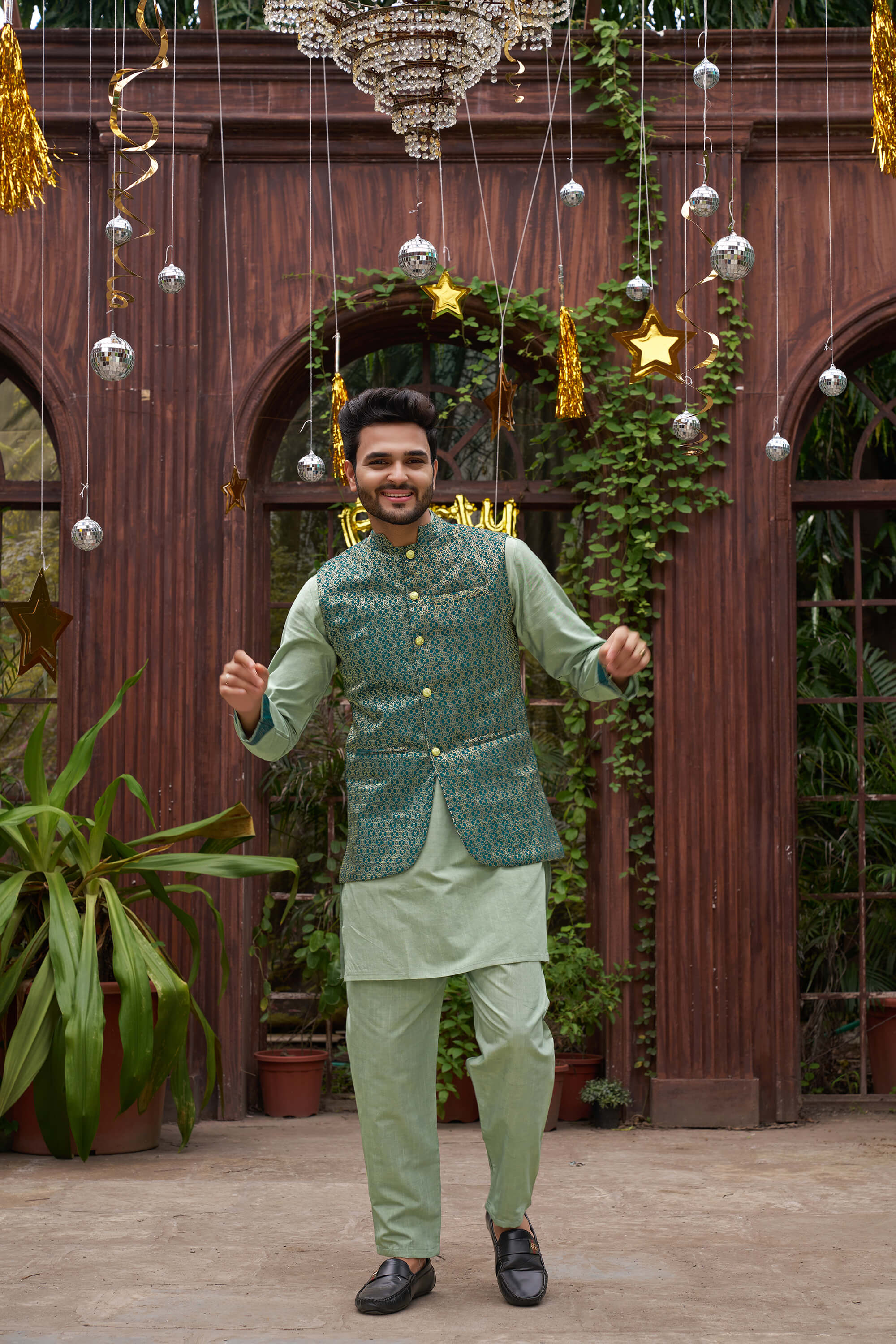 Richie Rich Gold Pista Couple Matching Dress Kanjivaram Silk Saree and Kurta pyjama with Nehru Jacket