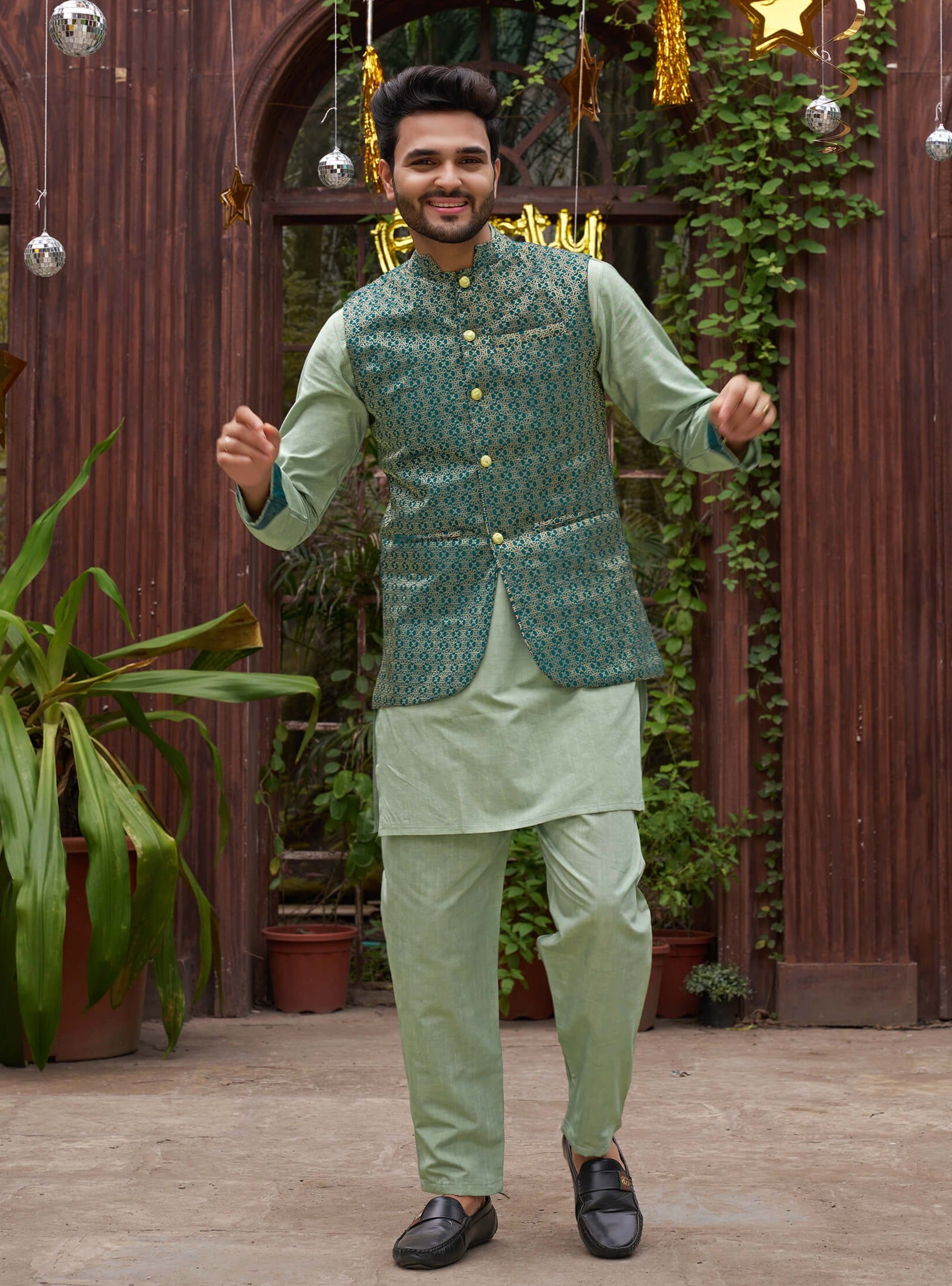 Luxurious Men Silk Pista Kurta Pajama with Modi Jacket