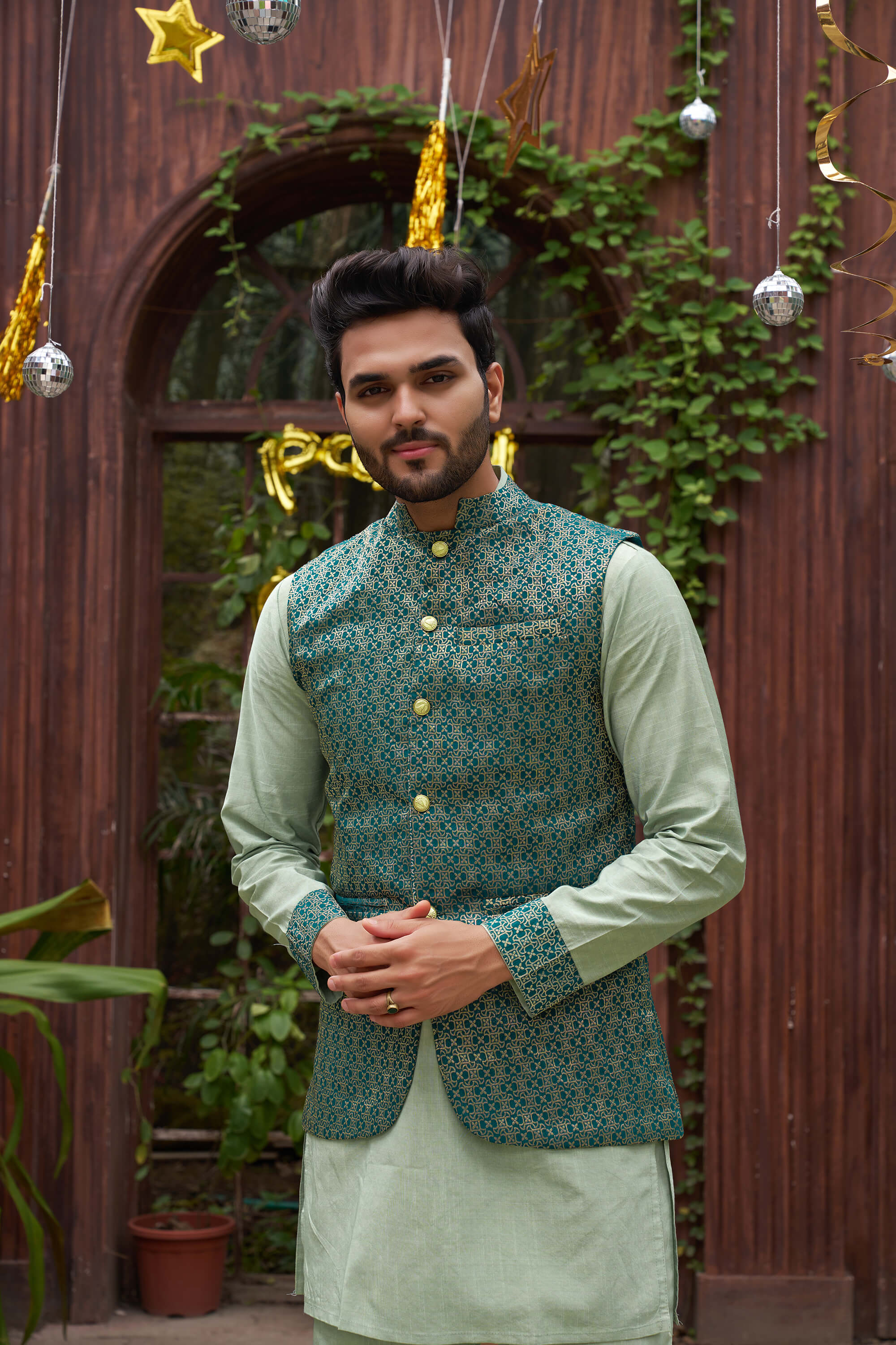 Richie Rich Gold Pista Couple Matching Dress Kanjivaram Silk Saree and Kurta pyjama with Nehru Jacket