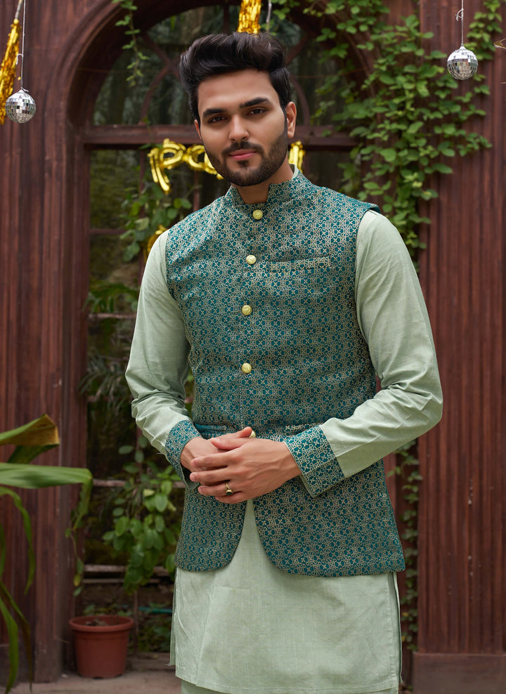 Luxurious Men Silk Pista Kurta Pajama with Modi Jacket