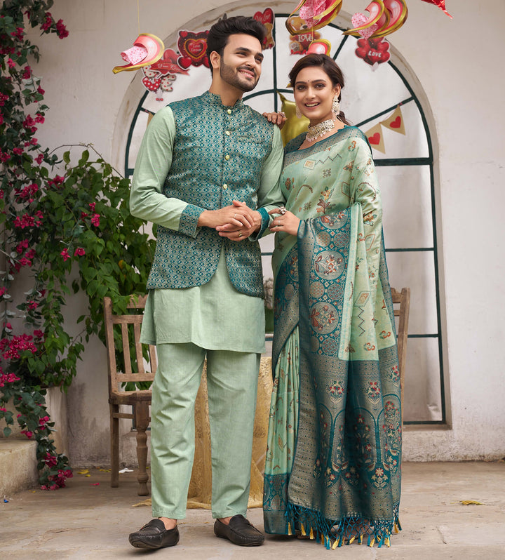 Richie Rich Pista Couple Matching Dress Kanjivaram Silk Saree and Kurta pyjama with Nehru Jacket