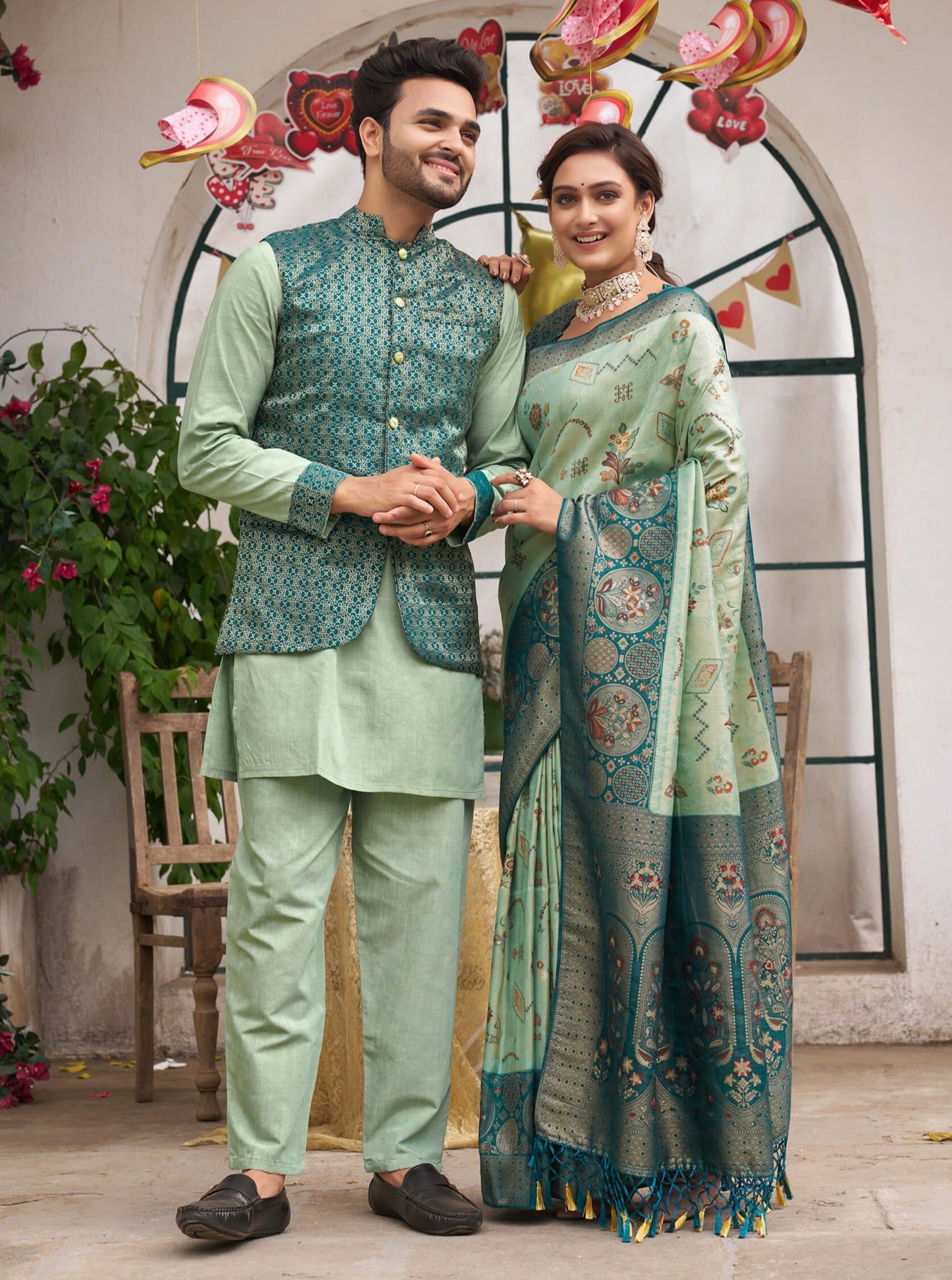 Richie Rich Gold Pista Couple Matching Dress Kanjivaram Silk Saree and Kurta pyjama with Nehru Jacket