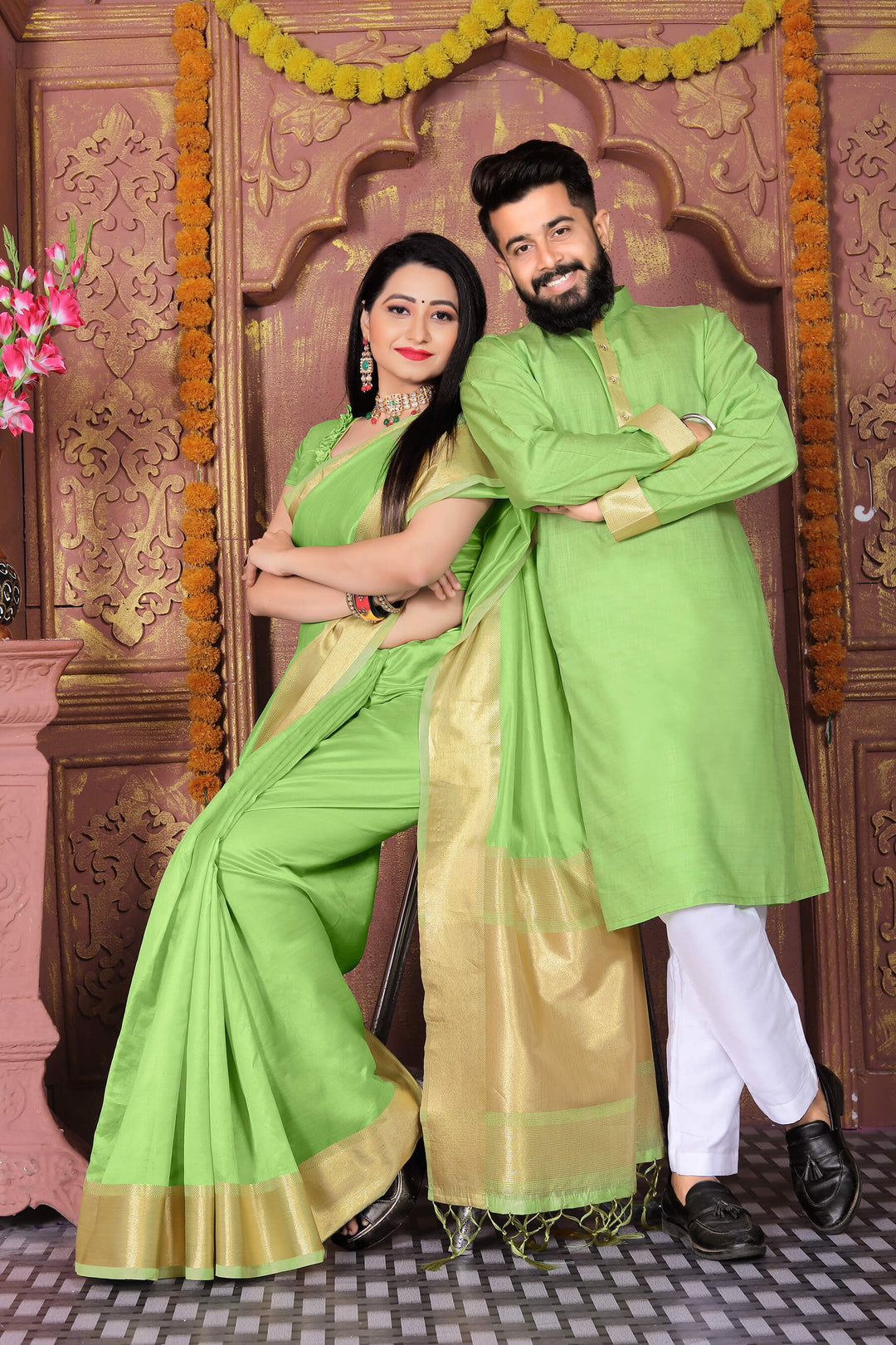 green saree matching groom dress Engagement green saree