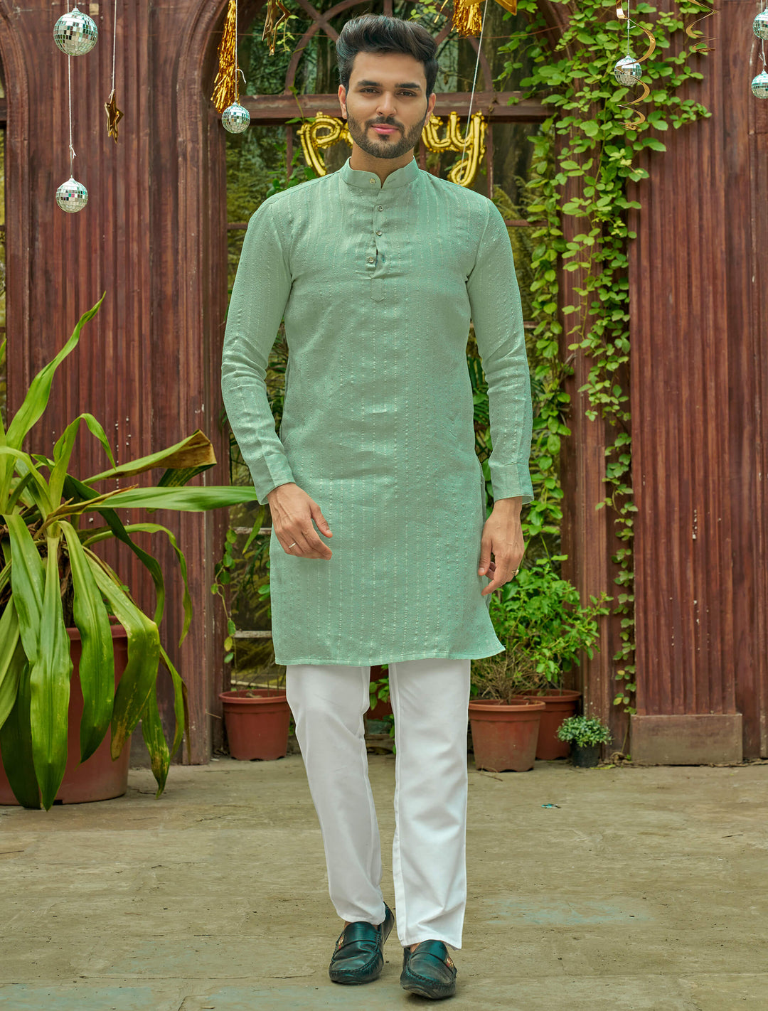 Stylish Men Zari Silk Gold Firoji Kurta with Pajama