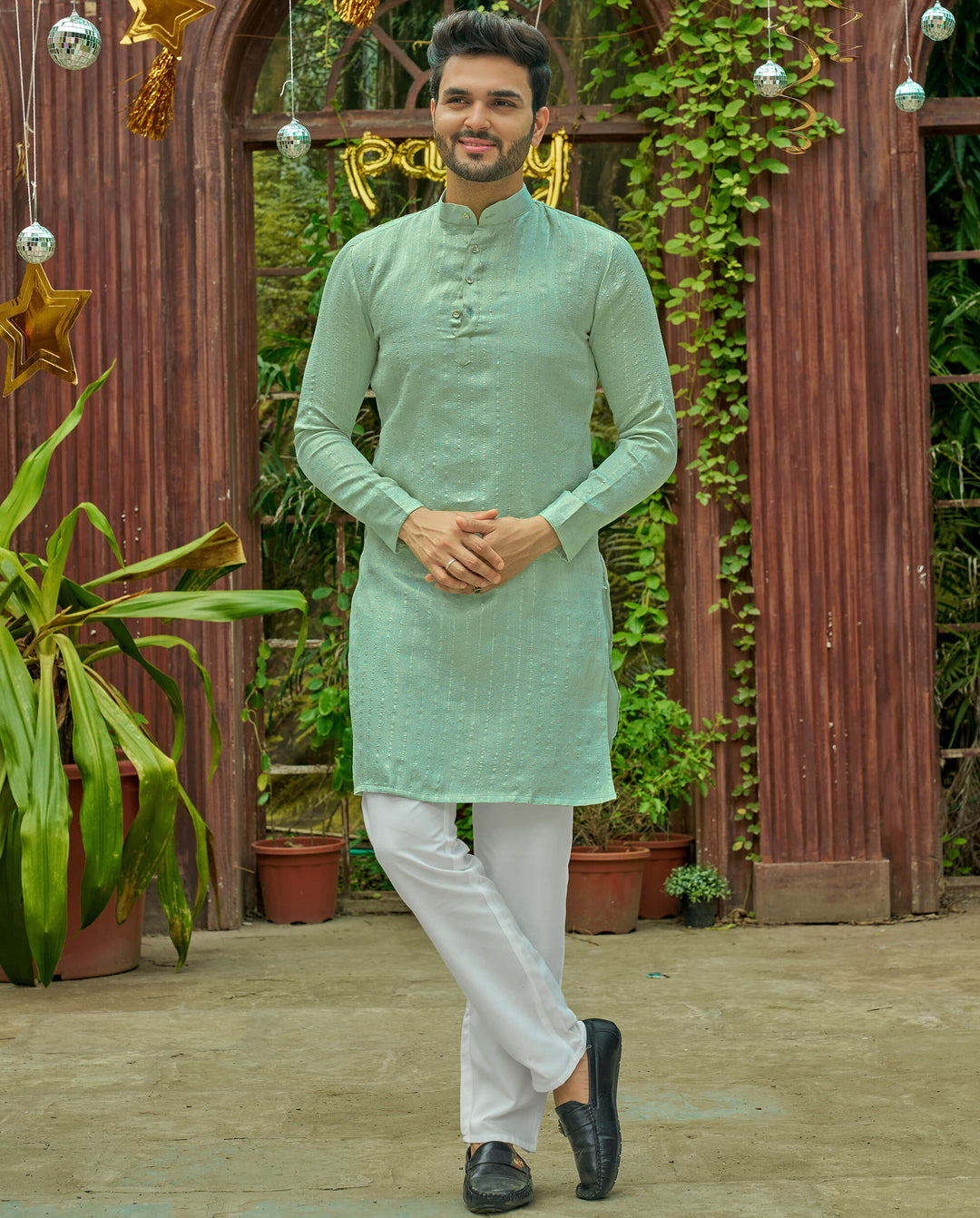 Stylish Men Zari Silk Gold Firoji Kurta with Pajama