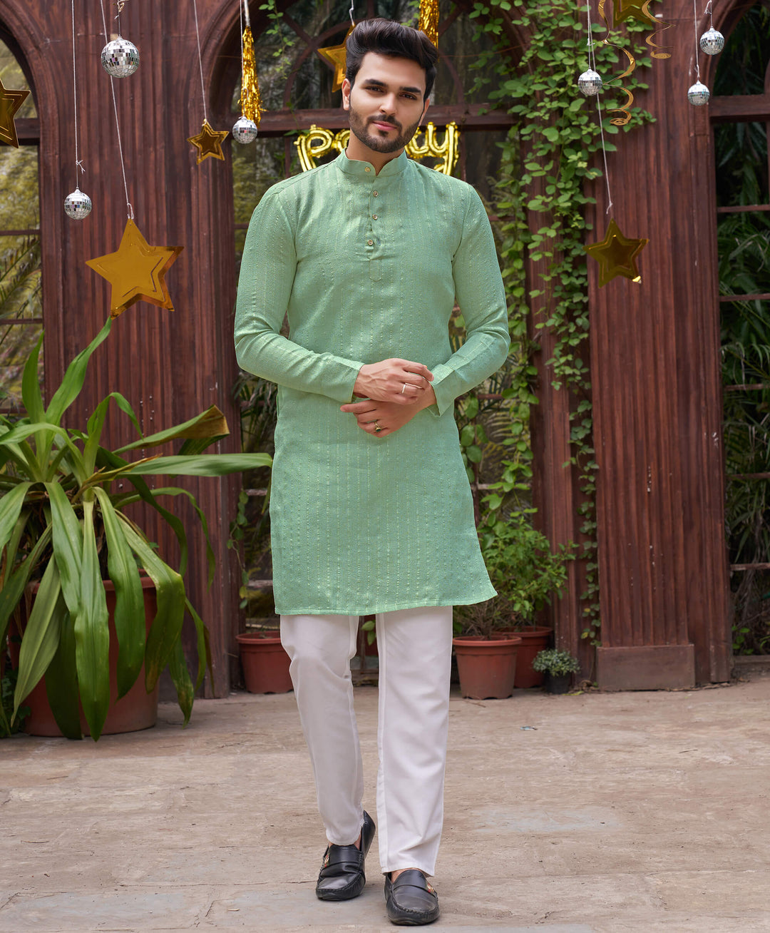 Stylish Men Zari Silk Gold Firoji Kurta with Pajama