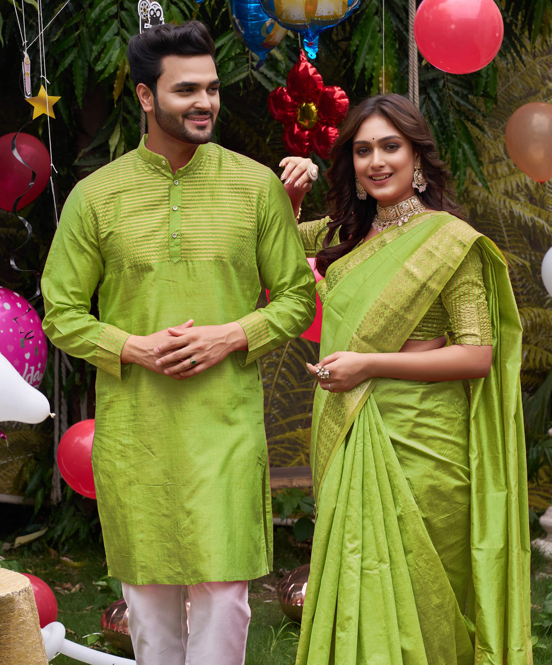 Aasam Silk Couple Dress  Mehndi Green Saree & Kurta
