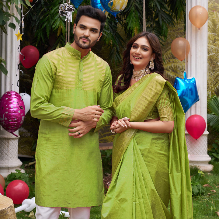 Aasam Silk Couple Dress  Mehndi Green Saree & Kurta