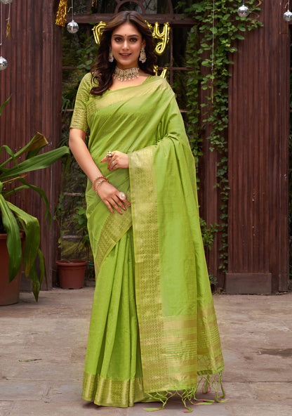 Aasam Silk Couple Dress  Mehndi Green Saree & Kurta