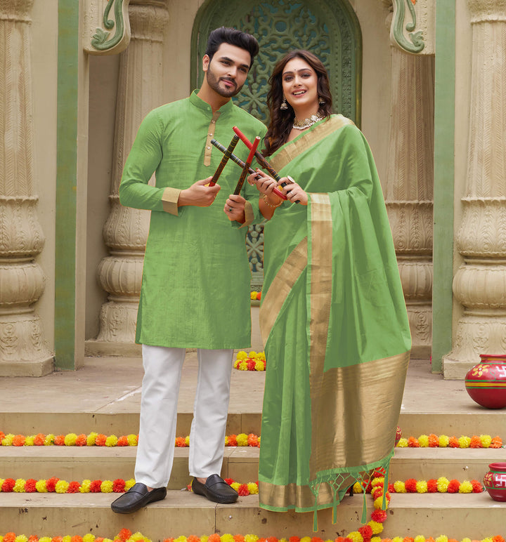 Cutie Mehndi Green Couple Matching Dress Orgenza silk Saree & Kurta