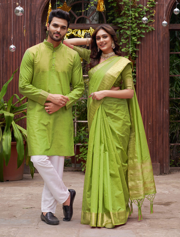 Aasam Silk Couple Dress  Mehndi Green Saree & Kurta