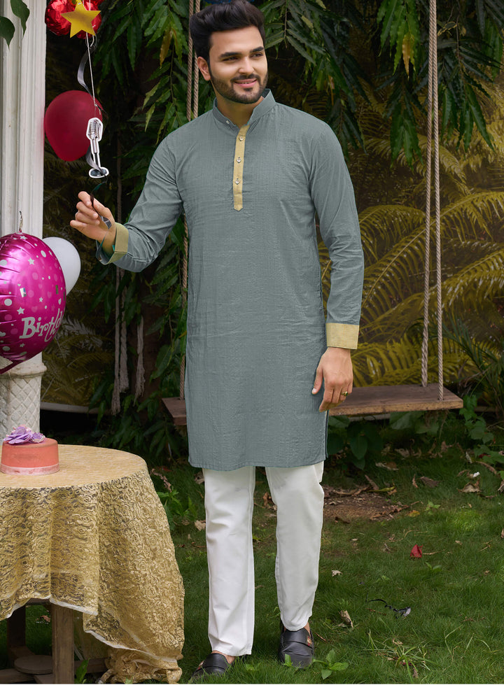 Classic Men Silk Grey Kurta with Pajama